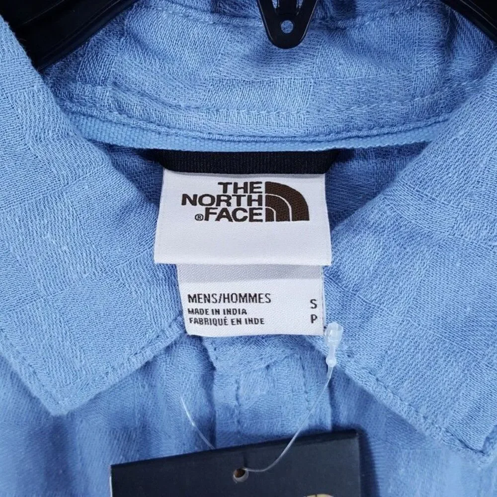 THE NORTH FACE Shirt Mens Small Blue Button Up Cotton Hemp LOGHILL JACQUARD